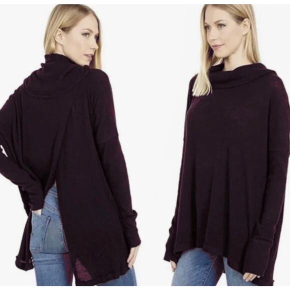 Free People Waffle Knit Rough Hem Open Back Sweater L Wine/Burgundy Cowl/Scoop - Picture 2 of 10